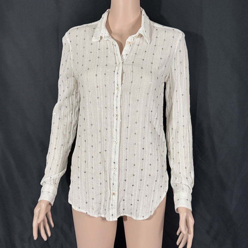 Anthropologie Feather Bone White Sequin Metallic Stripe Gauze Button Down Top XS